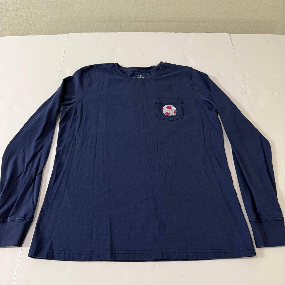 Vineyard Vines Navy Blue Soccer Whale Logo Long Sleeve Pocket T-Shirt Womens S